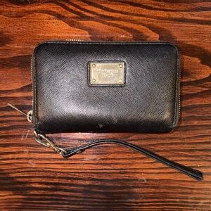 Michael Kors Black Leather Zip Wristlet with Gold Plate